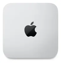 Mac mini M4 apoiado embaixo do monitor em uma mesa de trabalho, ligado a teclado e mouse sem fio